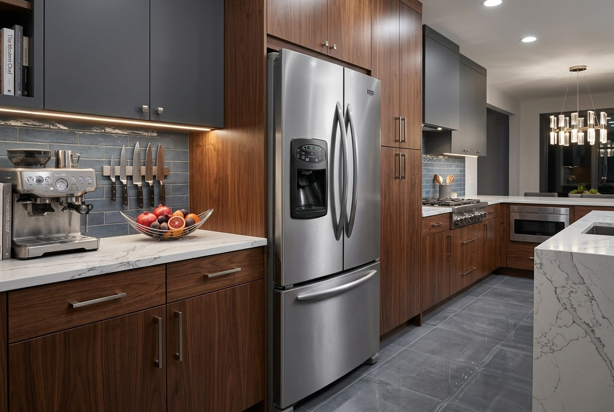 An angled view of a closed stainless steel Maytag French door refrigerator model MFI2568AES with an ice dispenser built into wooden kitchen cabinetry to troubleshoot a Maytag refrigerator not cooling issue