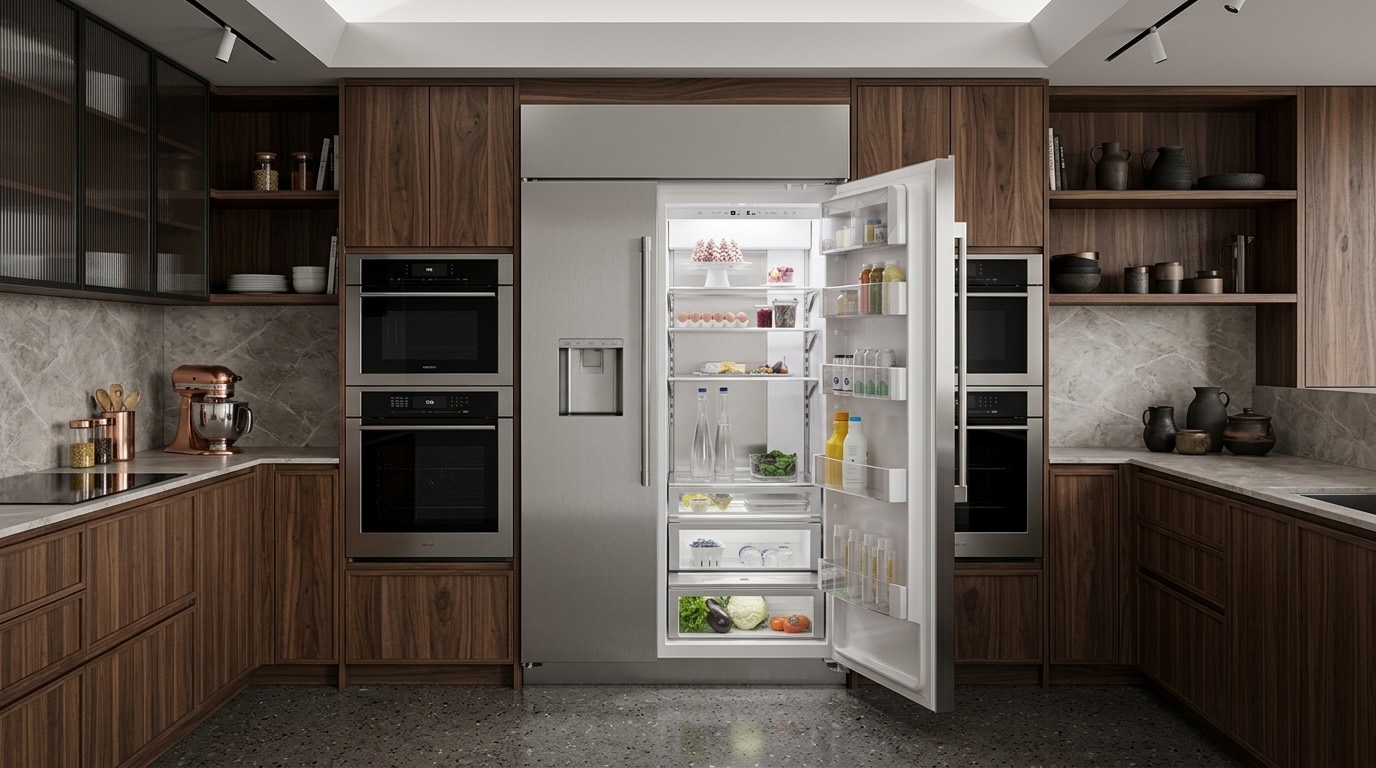Open Monogram ZISS480DNSS stainless built-in French-door refrigerator with water/ice dispenser, adjustable shelves, produce drawers, and stocked groceries in kitchen, area prone to leaking water issues