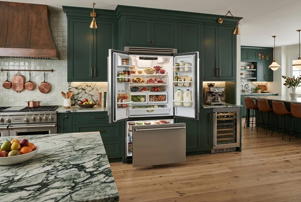 Viking VCFF036SS French Door Refrigerator with open doors in green kitchen experiencing cooling problems 