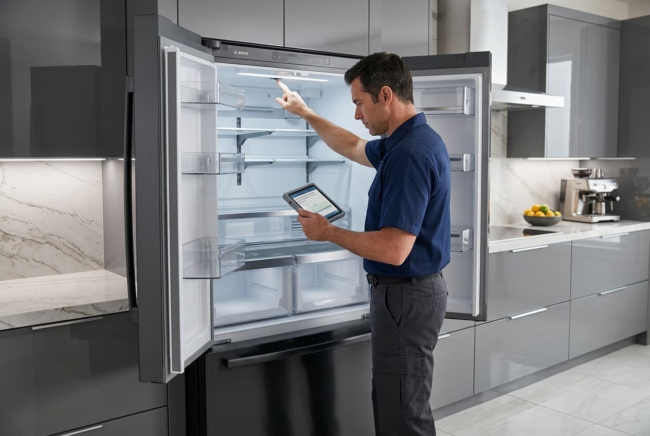 Technician testing a Bosch refrigerator temperature sensor during repair
