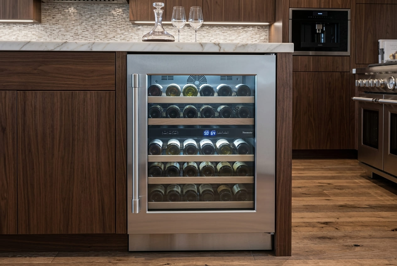 Premium stainless steel Thermador T24UW920LS wine cooler with glass door, multiple wine racks and digital display – professional light not working repair service in Atlanta and GA areas