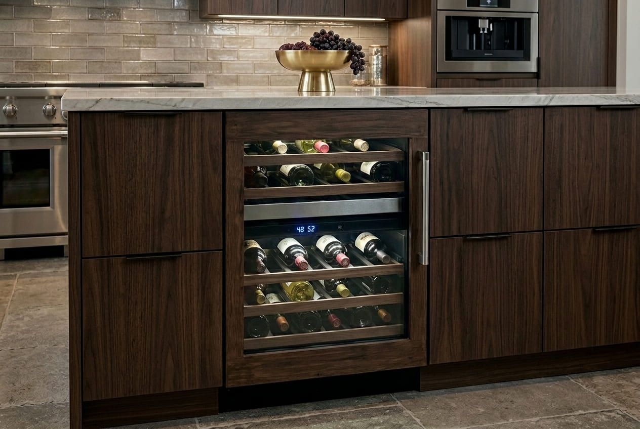 Built-in dark wood Thermador T24UW800LP undercounter wine cooler filled with wine bottles on metal racks with blue digital display glowing inside – professional noise repair service in Atlanta and GA areas
