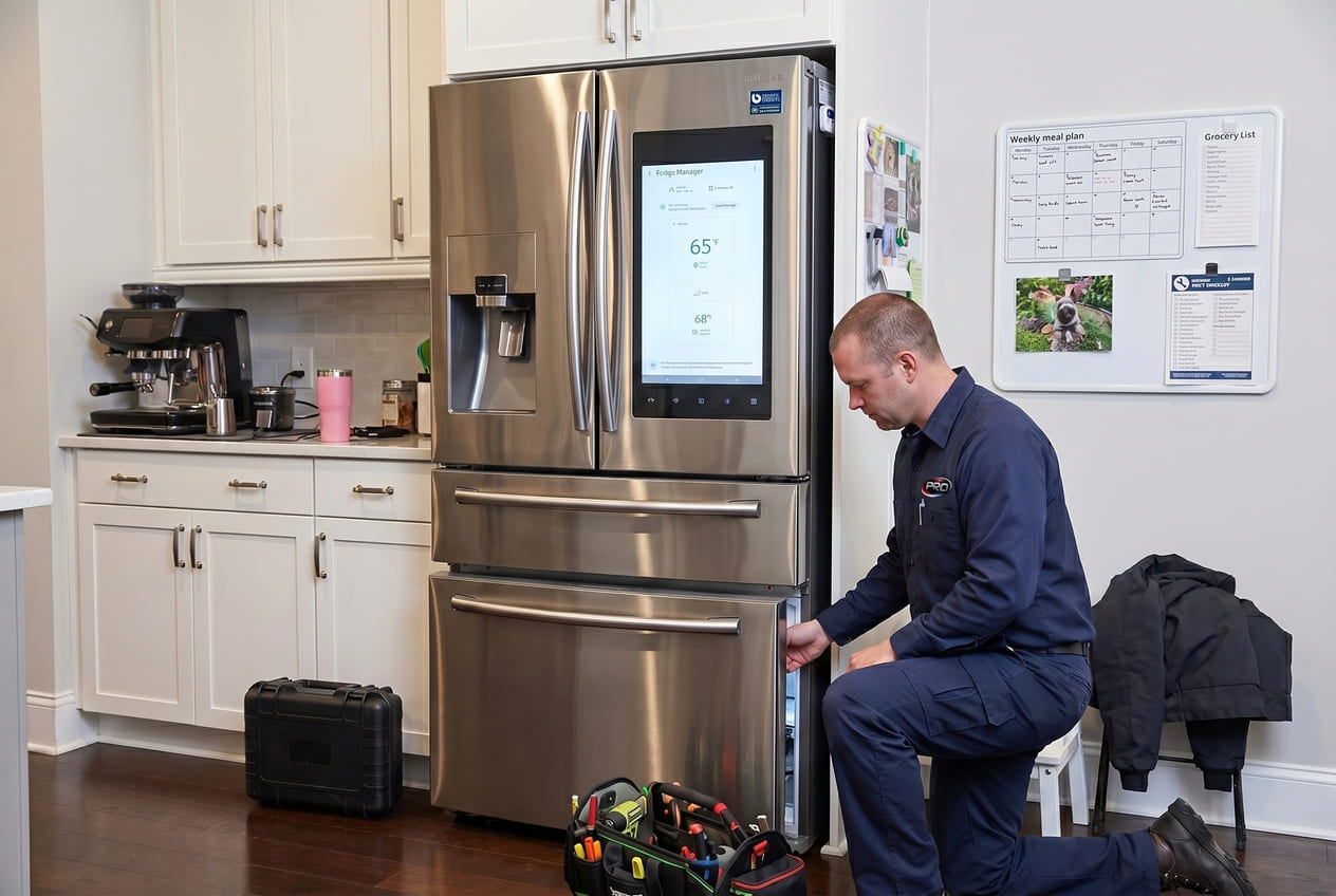 Appliance Repair Master technician servicing a Samsung RF263 Series refrigerator
