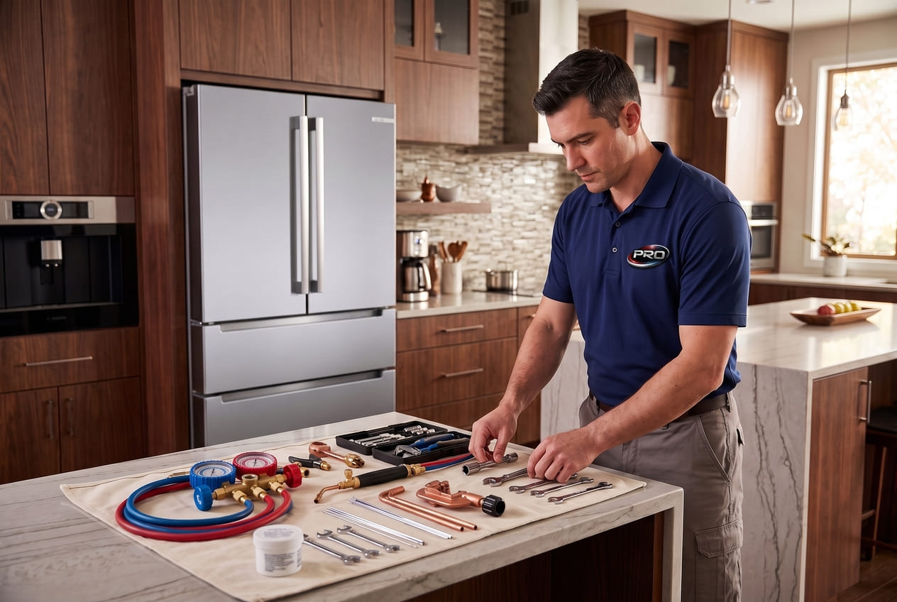 Appliance repair technician preparing tools for Bosch refrigerator compressor service