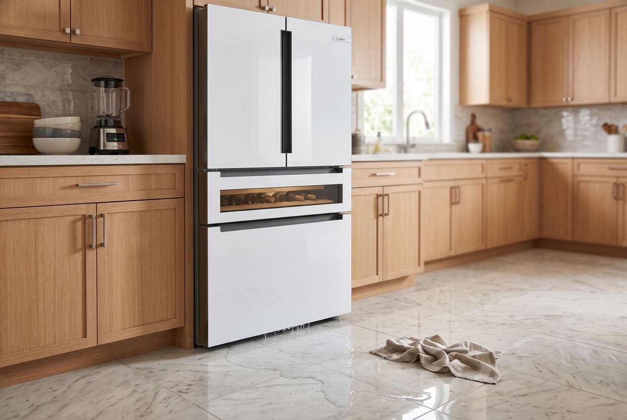 Bosch French-door refrigerator leaking water onto the kitchen floor