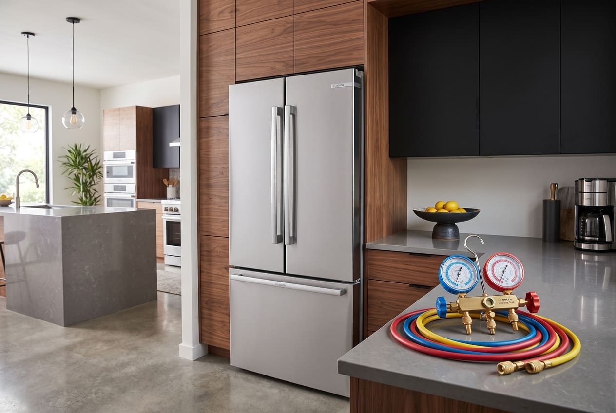 Bosch refrigerator in a homeowner’s kitchen ready for compressor diagnosis