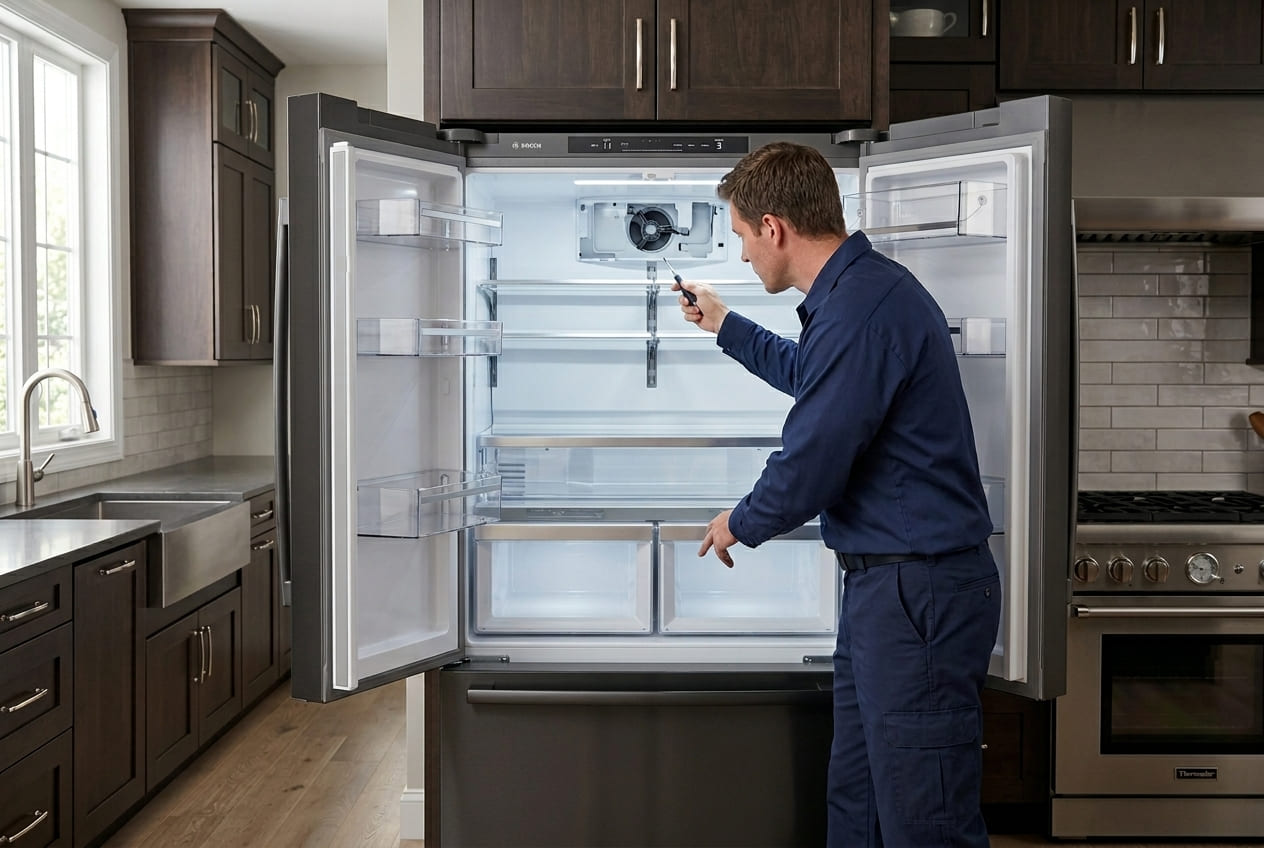 Bosch refrigerator repair technician inspecting evaporator fan
