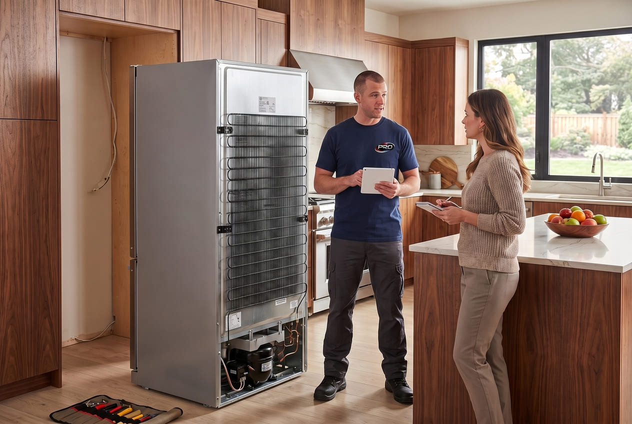Technician checking refrigerant recharge cost during Bosch compressor repair