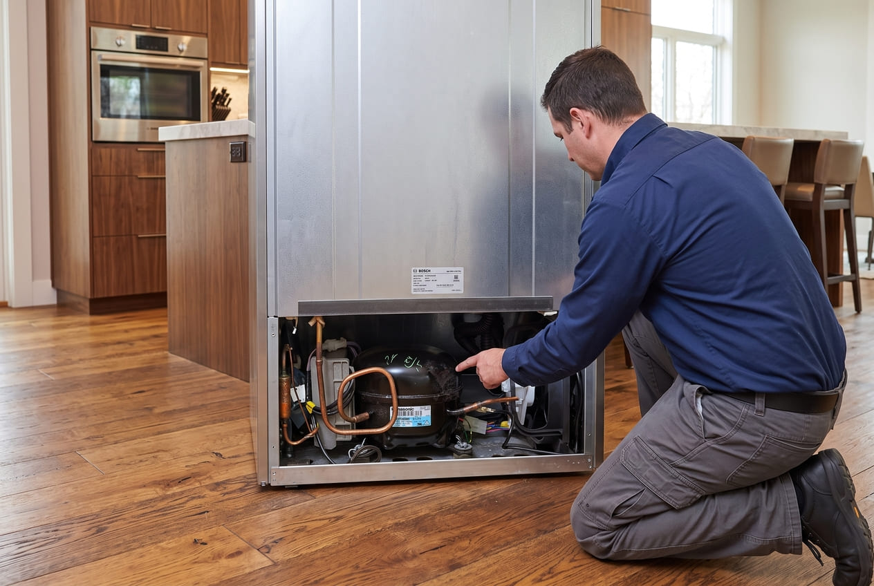 Technician servicing the compressor area of a Bosch refrigerator 