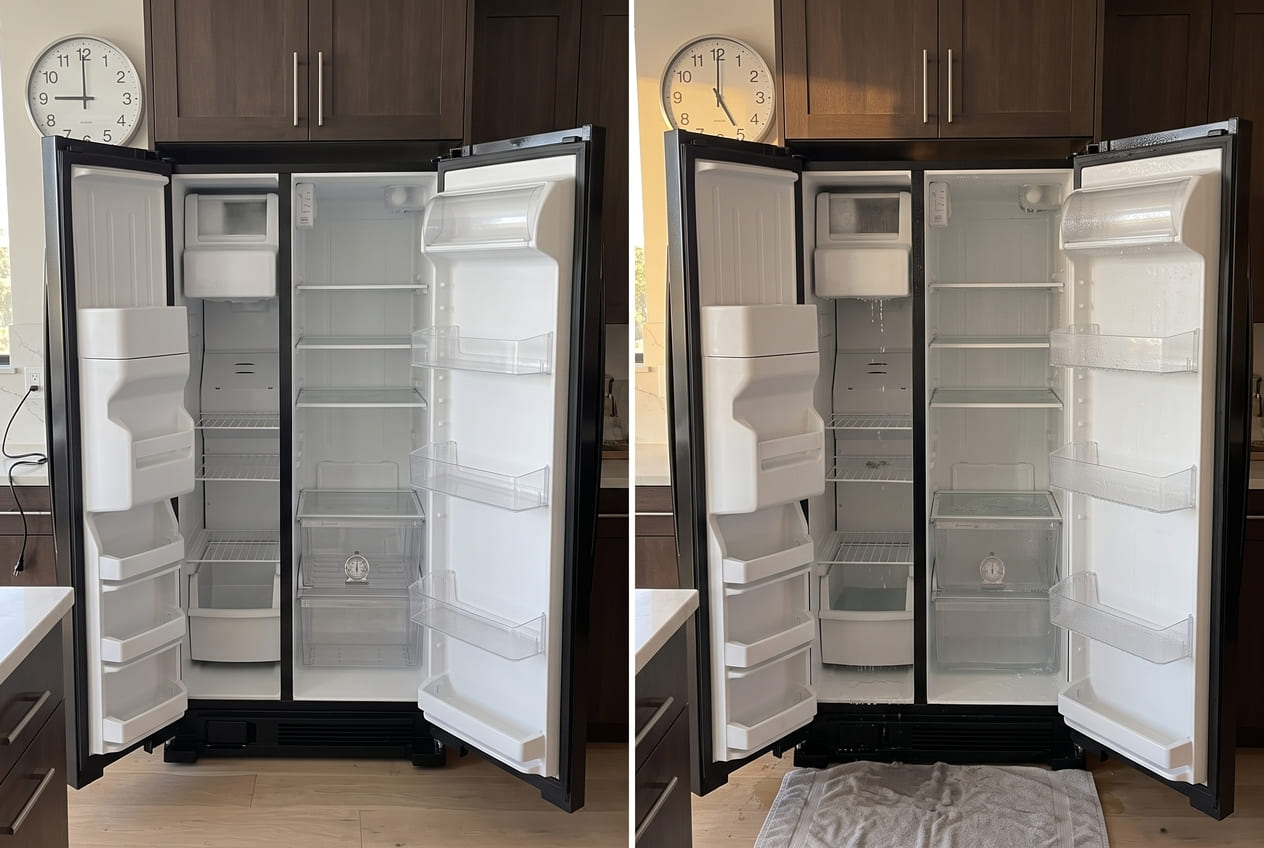 Amana refrigerator unplugged with doors open for an 8-hour thaw test 