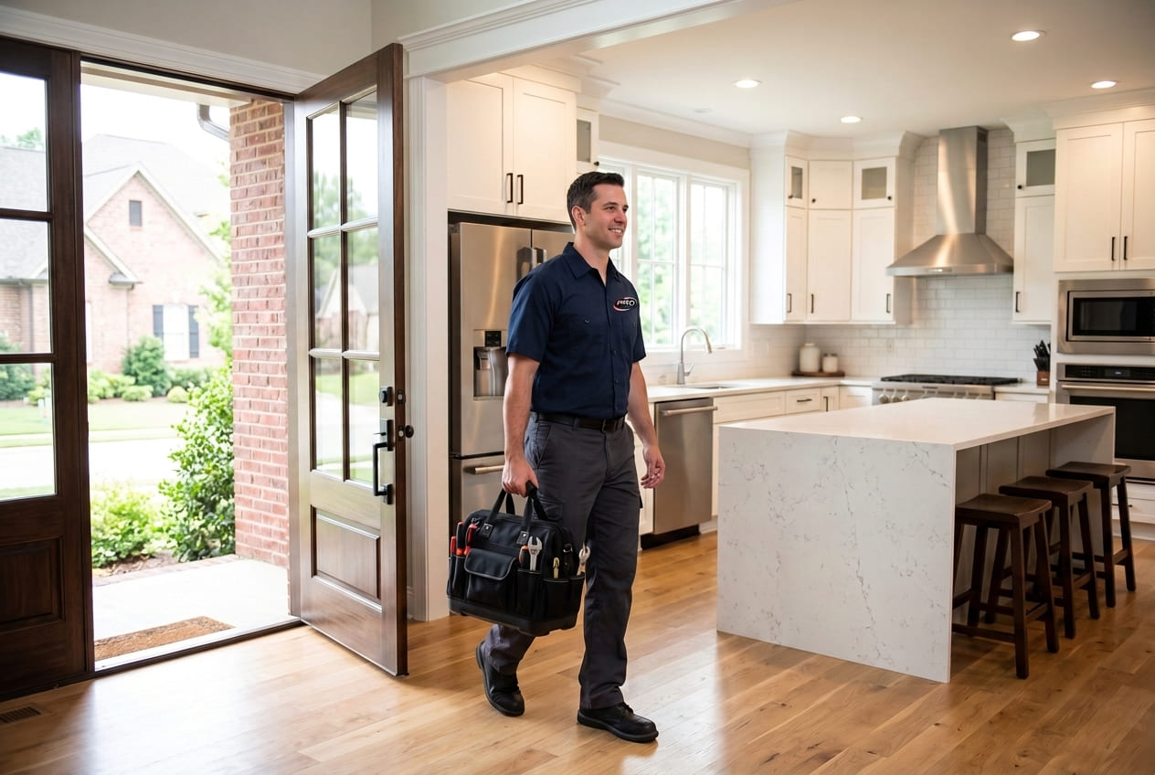 Appliance Repair Master technician arriving at home, tools in hand 