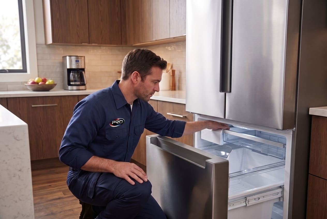 Appliance Repair Master technician running diagnostic on ice maker with testing equipment 