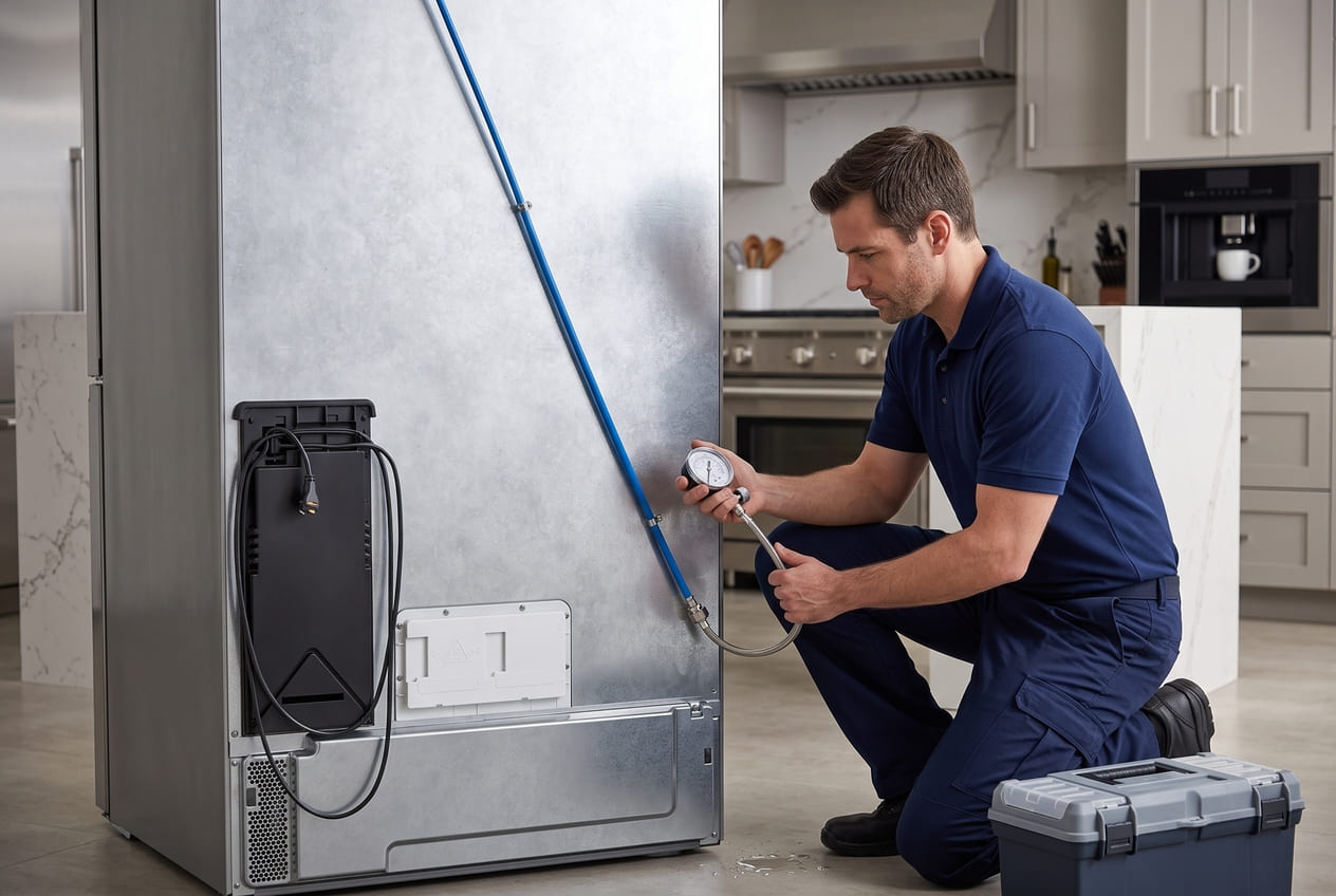 Appliance Repair Master technician testing water pressure at the inlet line 