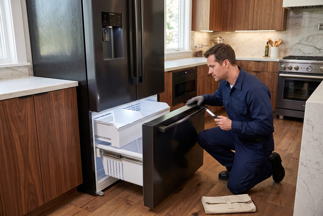 Appliance technician inspecting a Bosch refrigerator freezer compartment 