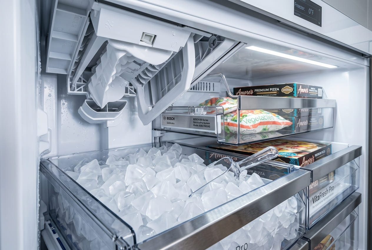 Bosch 800 Series ice maker assembly inside freezer — ice production cycle inspection Atlanta 