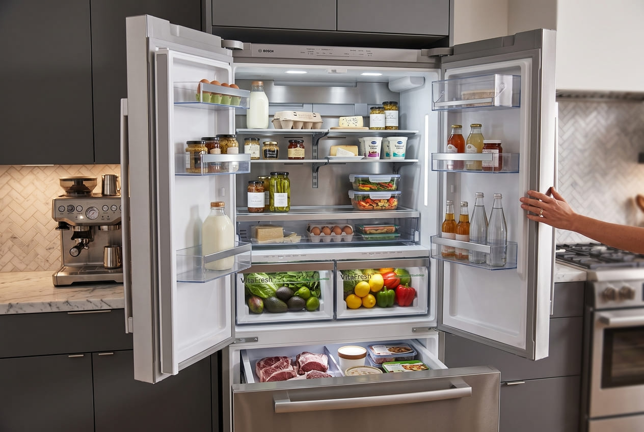 Bosch B36CT80SNS refrigerator interior — common Bosch 800 Series repair call in Atlanta 