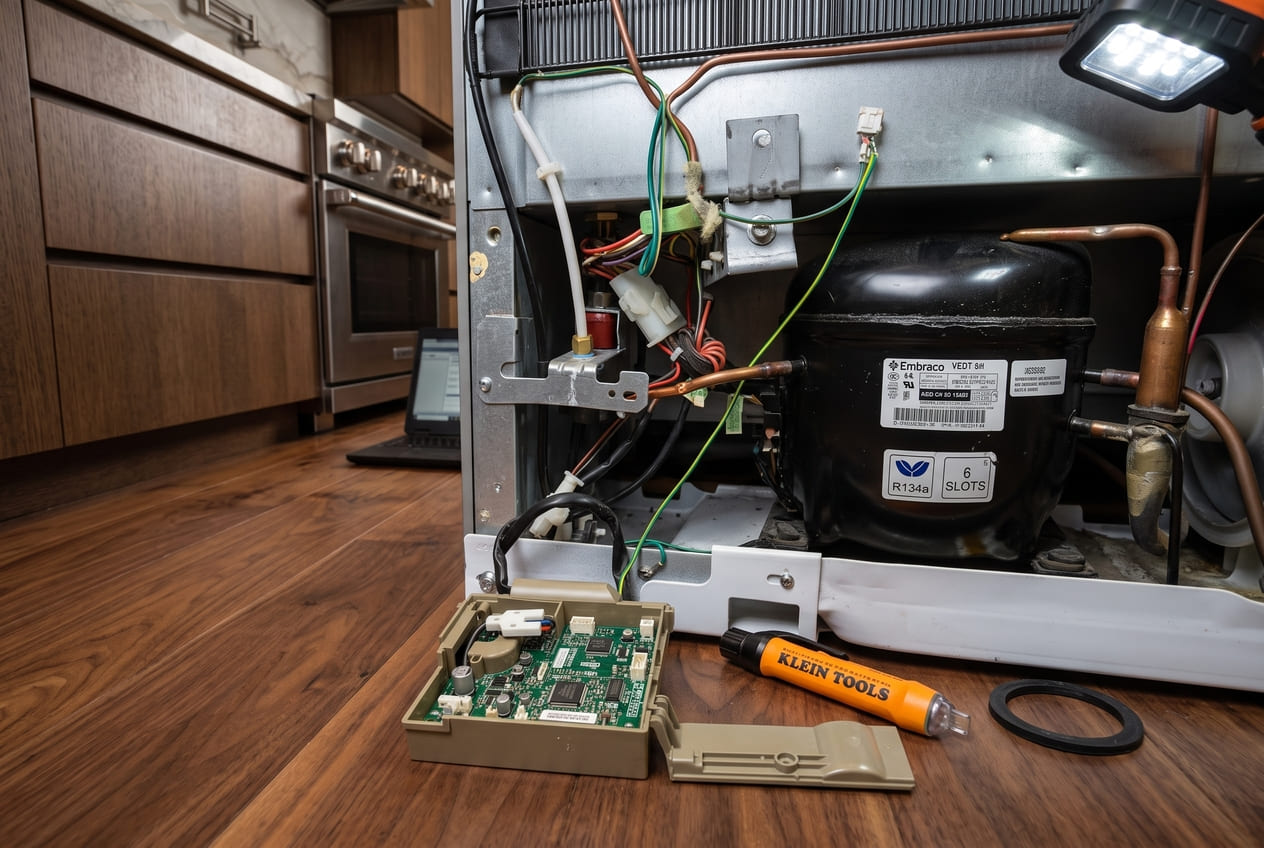 Bosch refrigerator compressor area during a no-cool diagnosis 