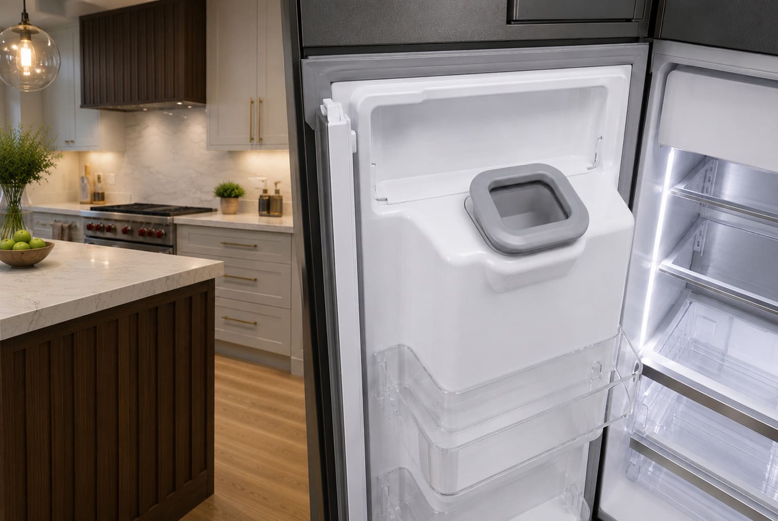 Bosch refrigerator ice maker area with no ice in the bin