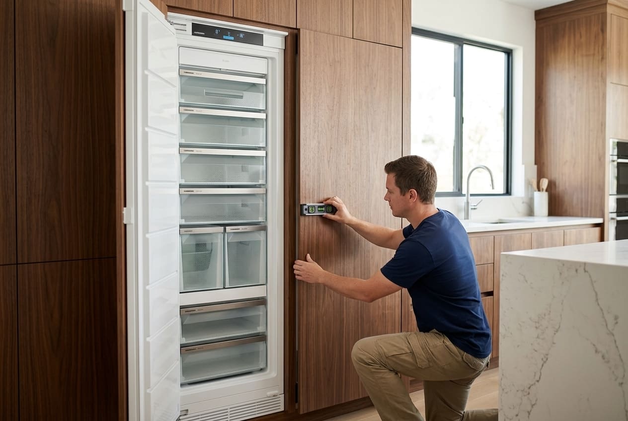 Built-in Liebherr freezer checked for cabinet level and panel fit