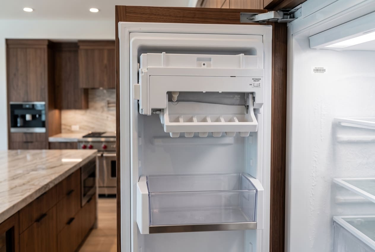 Dry ice tray inside a refrigerator ice maker, suggesting water is not reaching the mold 