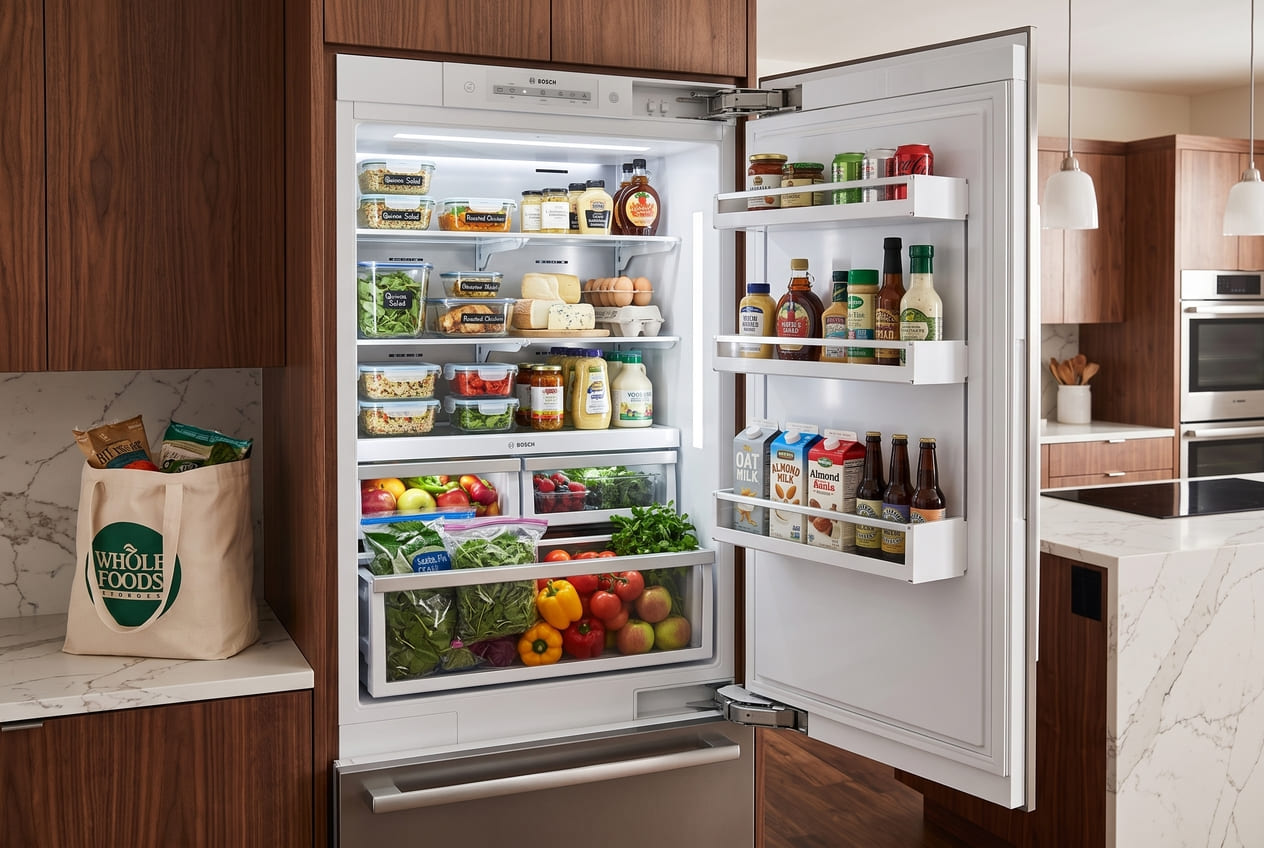 Full refrigerator shelves after a grocery load, one common reason for temporary temperature changes 