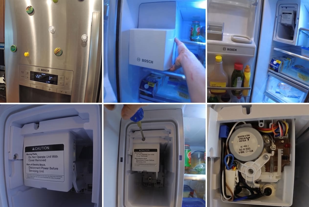 Homeowner checking a Bosch refrigerator ice maker after noticing no ice production 