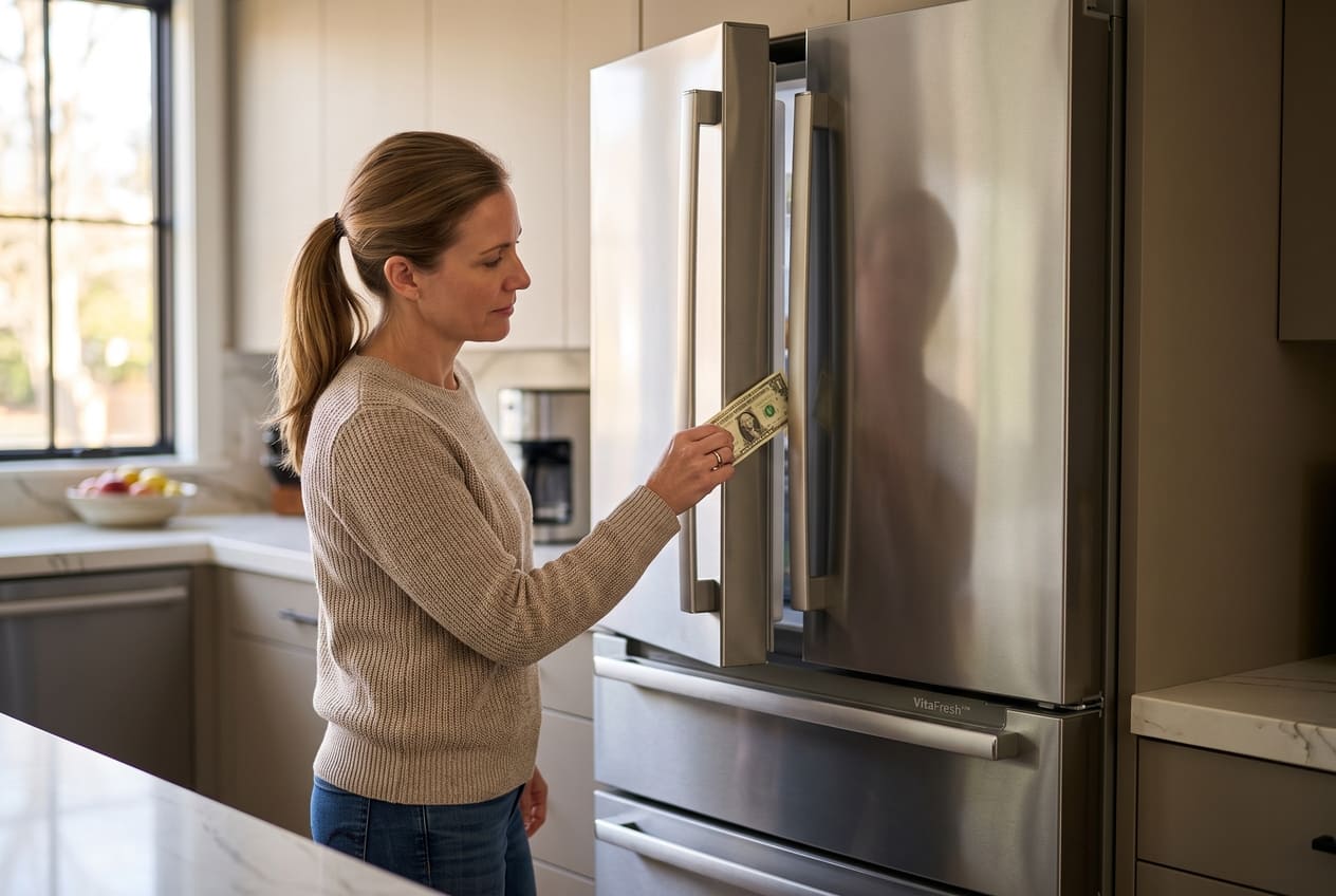 Homeowner doing the paper slip test on a refrigerator door