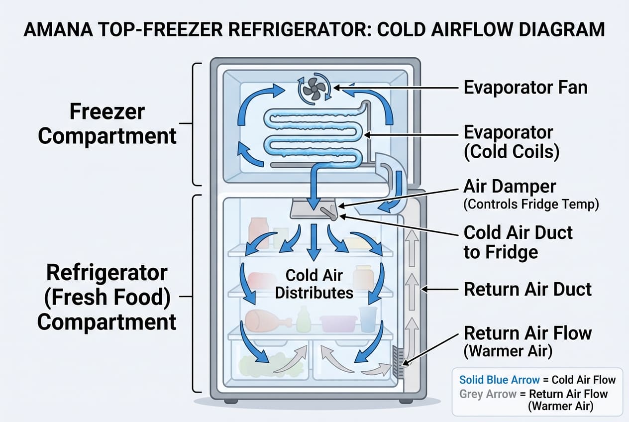 How an Amana refrigerator moves cold air from the freezer to the fridge section 