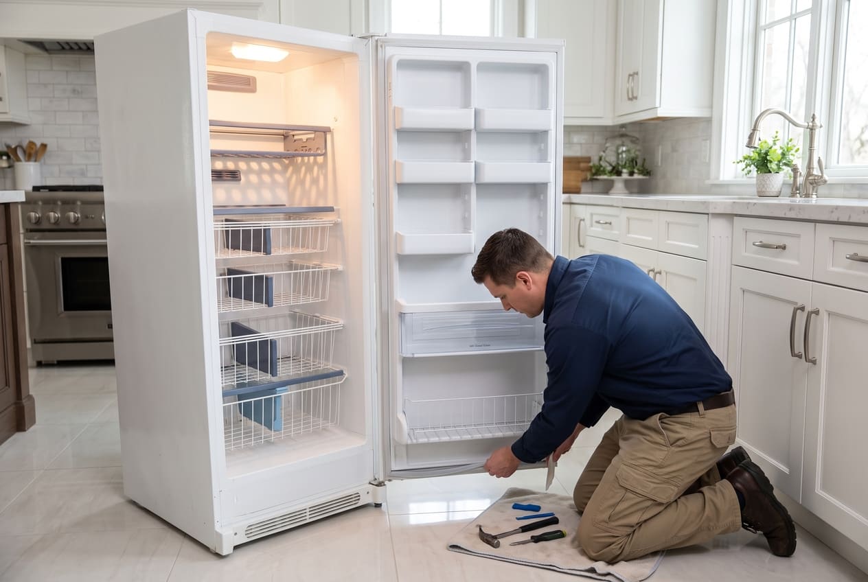 Open white Kenmore Elite upright freezer model 253.28092806 showing empty door shelves and interior compartments – professional door not sealing repair service in Atlanta and GA areas