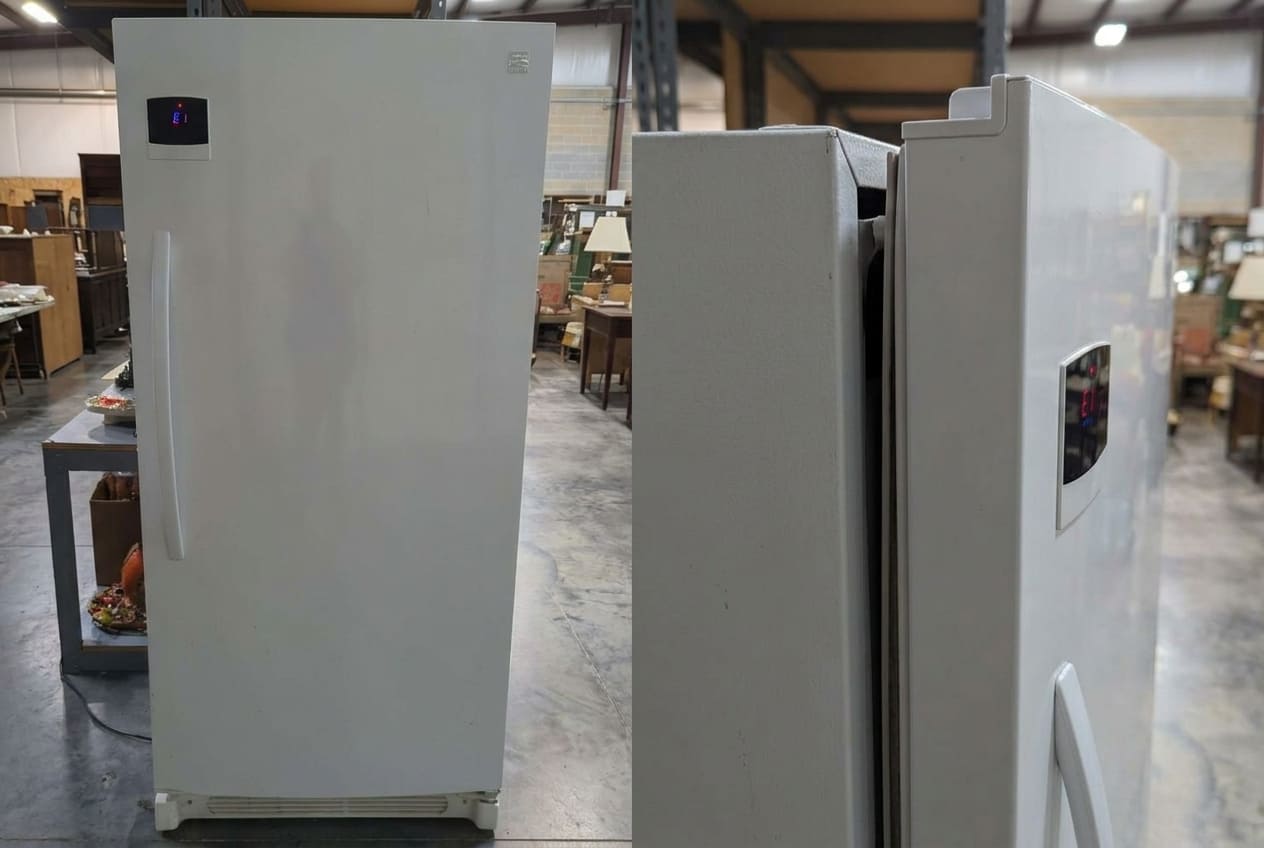 Tall white Kenmore upright freezer model 253.28092806 with vertical handle and digital display – professional door not sealing repair service in Atlanta and GA areas