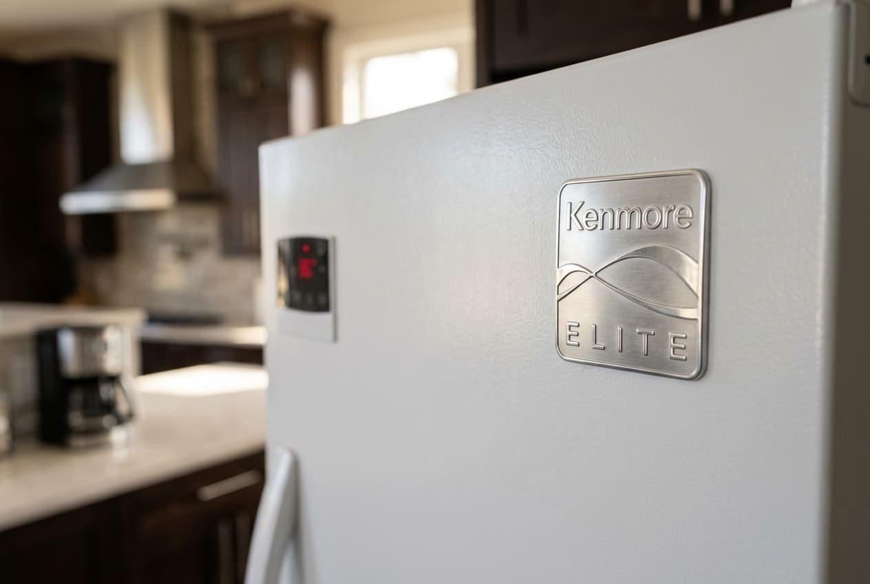 Close-up of silver Kenmore Elite logo emblem on the white upright freezer door – professional door not sealing repair service in Atlanta and GA areas