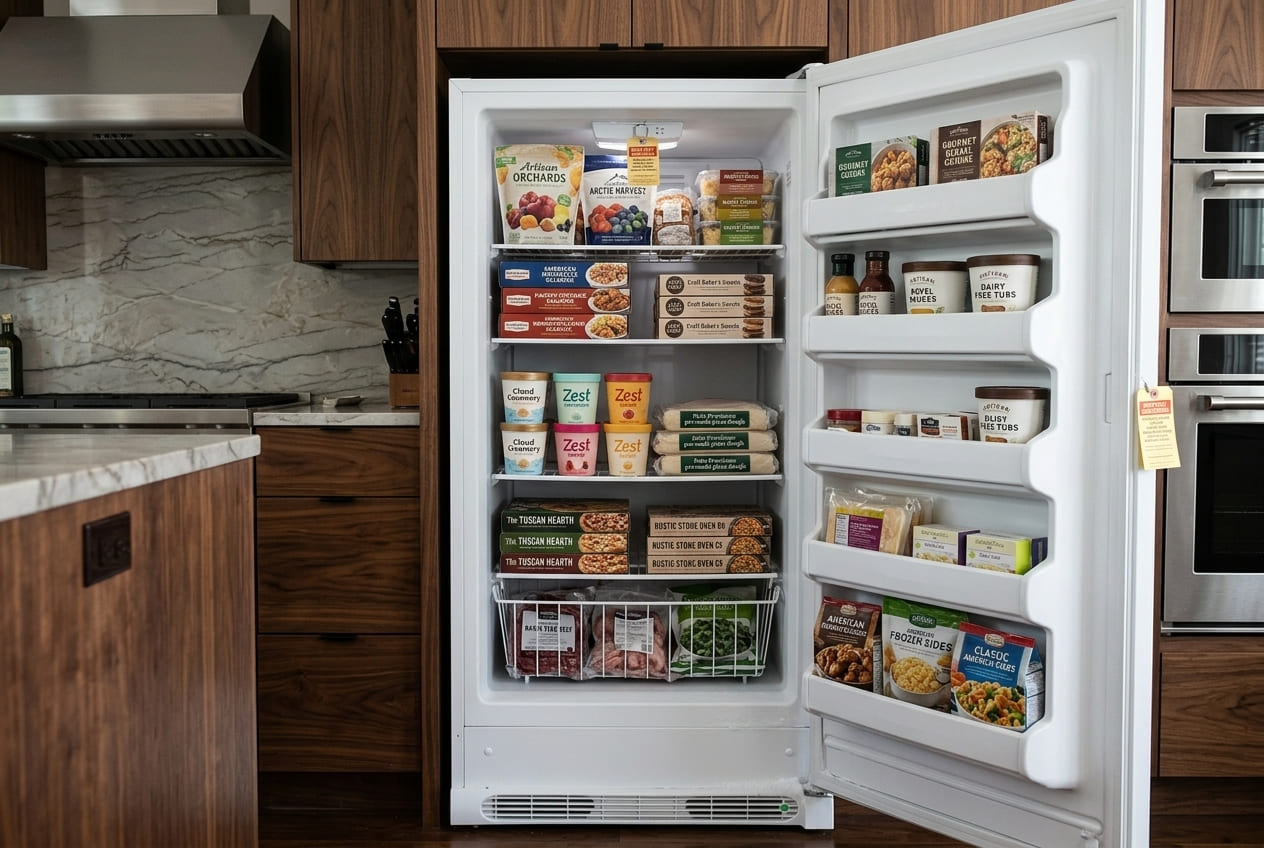 Fully stocked white Kenmore upright freezer model 25326062100 with open door showing food on interior shelves and door bins – professional door won't close repair service in Atlanta and GA areas