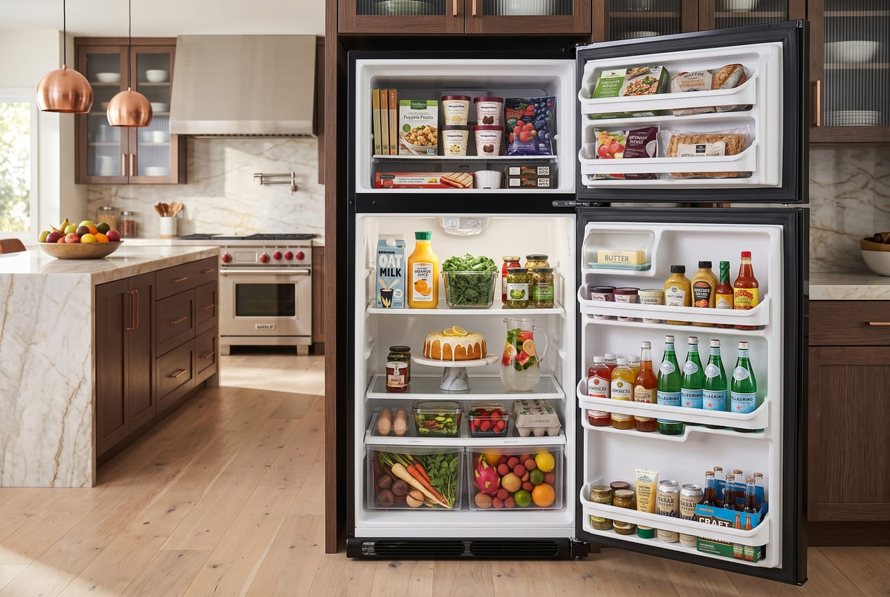 Interior view of a fully stocked black Kenmore top-freezer refrigerator with both doors open, filled with fresh groceries, fruits, vegetables and beverages, showing the upper freezer and lower refrigerator compartments.