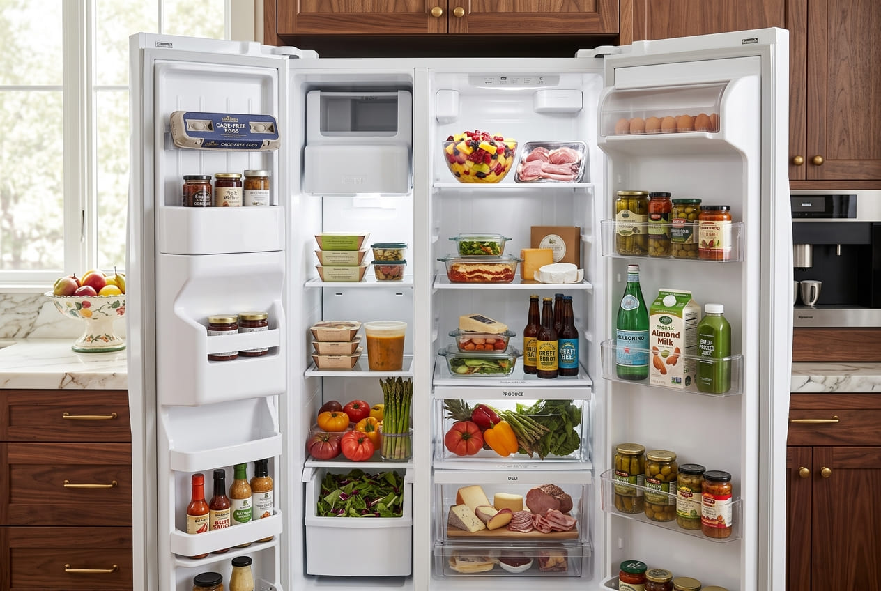 Interior view of a fully stocked white Kenmore side-by-side refrigerator with both doors open, packed with fresh food and beverages, highlighting the spacious freezer and refrigerator compartments.
