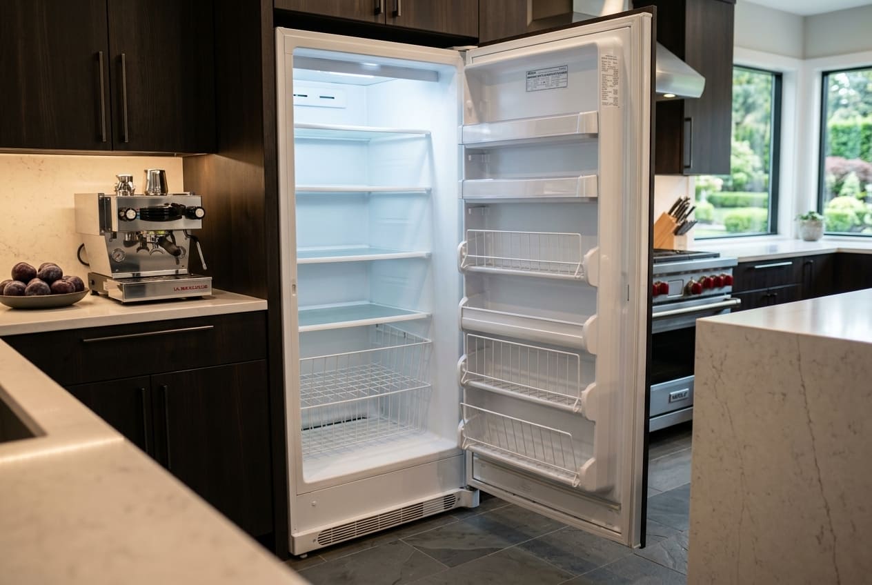 Interior view of an empty white Kenmore upright freezer with the door open, showing multiple shelves, wire baskets and storage compartments.