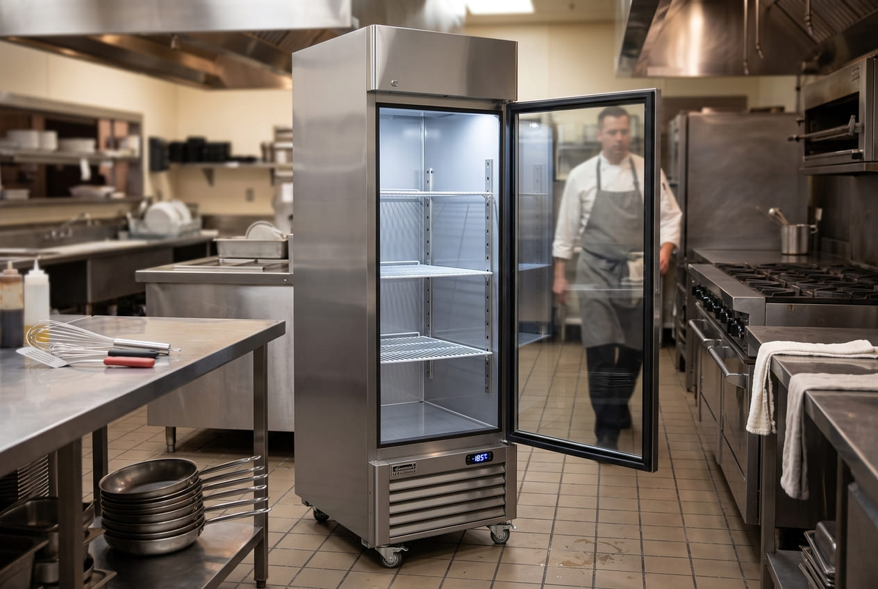 Interior view of an empty white Kenmore freezer with a door open, showing the compartment baskets and shelves.