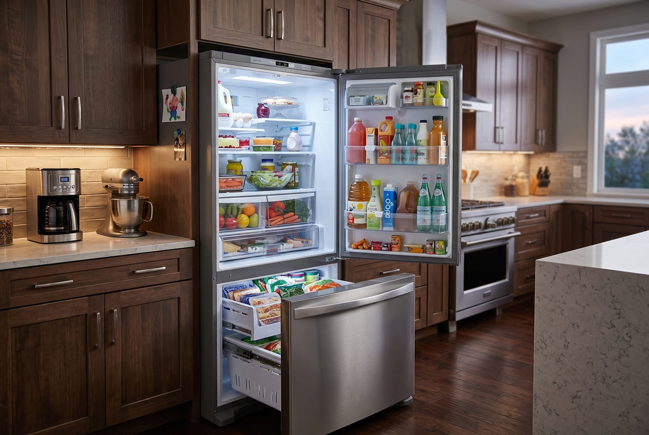 Open stainless steel Kenmore Elite French door refrigerator model 79576203901 with bottom freezer drawer pulled out – expert ice maker not working repair service in Atlanta and GA areas