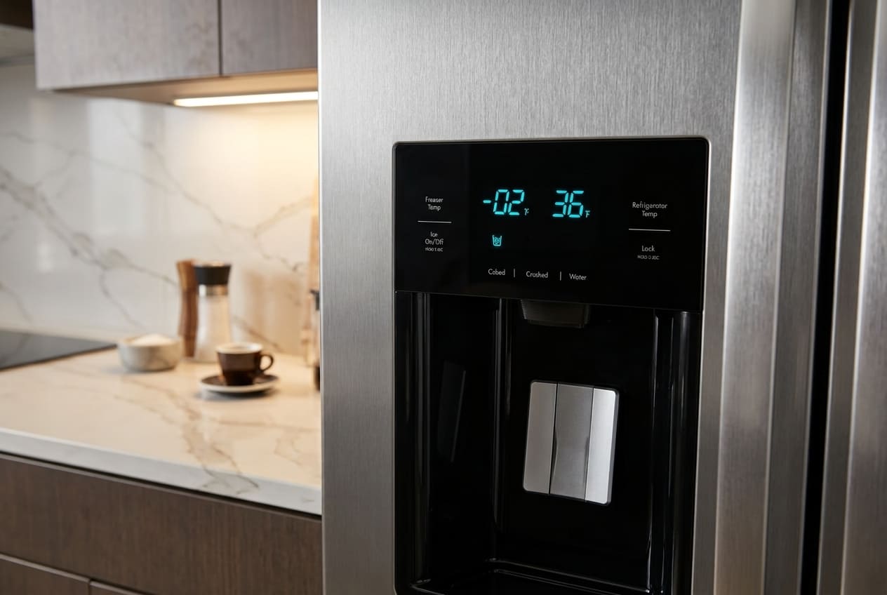 Close-up of Kenmore side-by-side refrigerator control panel showing freezer temperature at -02°F and refrigerator at 36°F – expert ice maker not working repair service in Atlanta and GA areas
