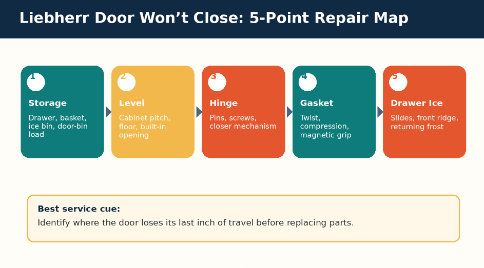 Infographic: five service areas that decide whether a Liebherr freezer door closes cleanly.