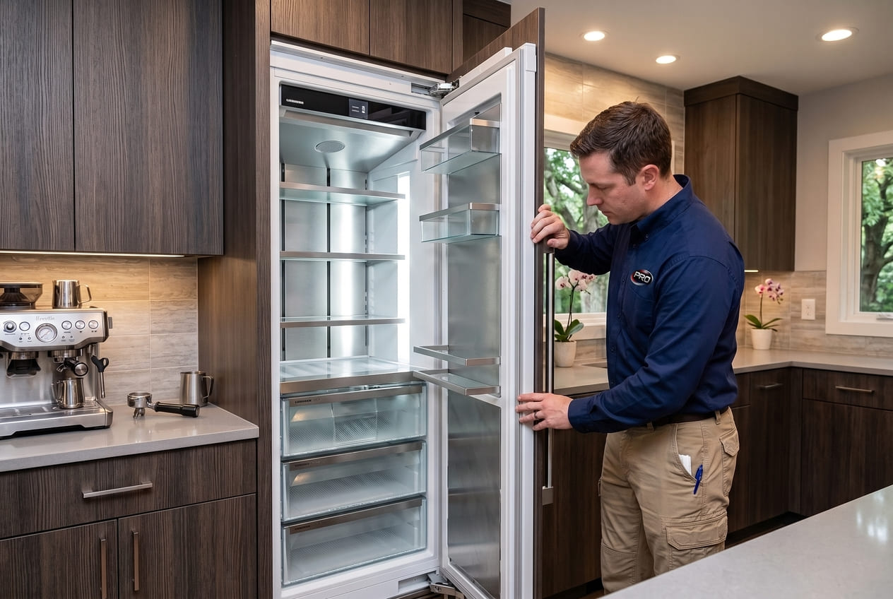 Liebherr freezer door inspected for closing problems in an Atlanta kitchen