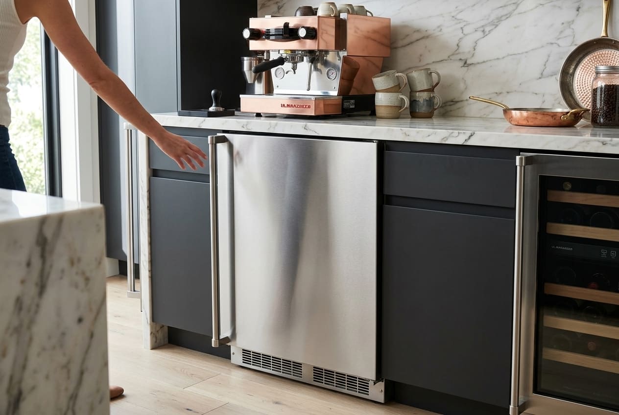 Front angle view of an undercounter Marvel Freezer MOFZ224SS31A with a stainless steel door showing a vertical handle and solid build, used as an example for Marvel Freezer door won't close troubleshooting.
