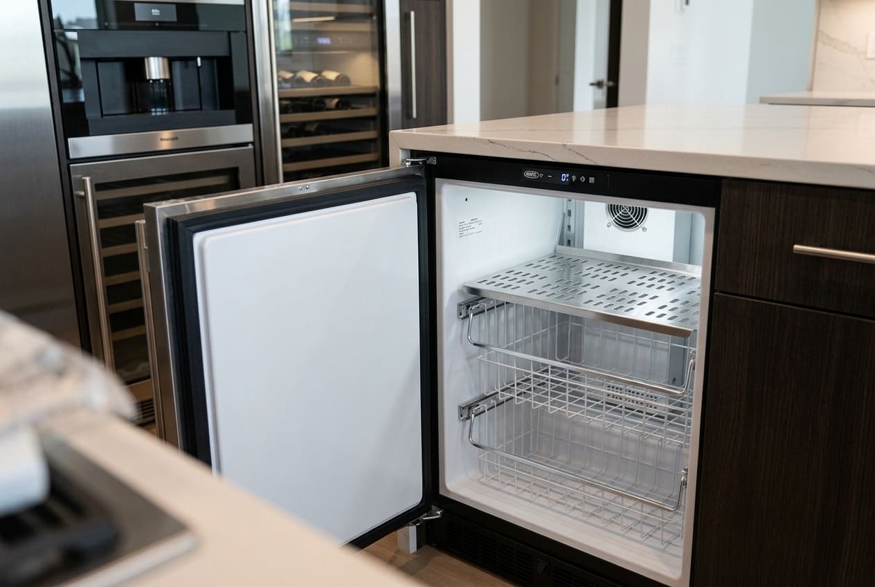 An empty Marvel built-in freezer model MLFZ224SS01A shown from a side angle with its stainless steel door open, displaying wire storage baskets and a digital control panel on top to reference where a Marvel freezer error code like E1 or E2 flashes.