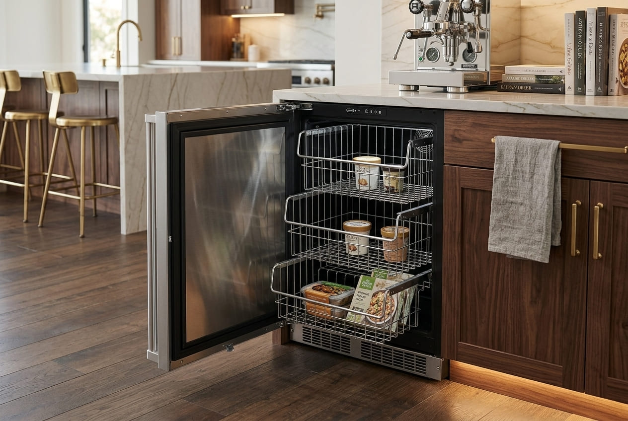 Side perspective of an open Marvel professional undercounter freezer model MPFZ424IS31A featuring a black interior with three tiered pull-out wire baskets, illustrating a clear view of the control panel display where a Marvel freezer error code would be shown.