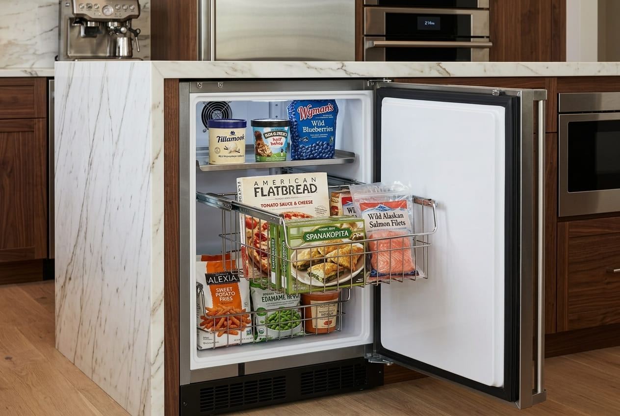 An open Marvel undercounter Freezer model MOFZ224SS31A packed with frozen food boxes and tubs on a pull-out wire basket shelf, showing a dark inner door gasket to illustrate why a Marvel Freezer door not sealing could happen due to overloading.