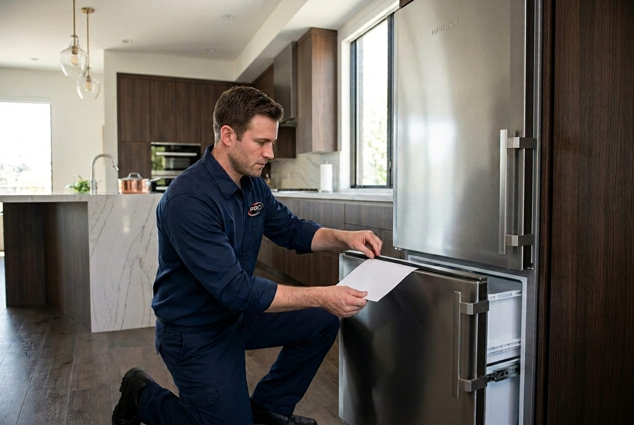 Paper test used to check weak seal contact on a Liebherr freezer door 