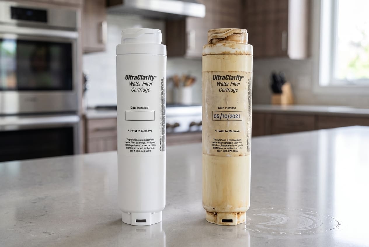 Photo of a Bosch water filter — new vs visibly discolored old one side by side 