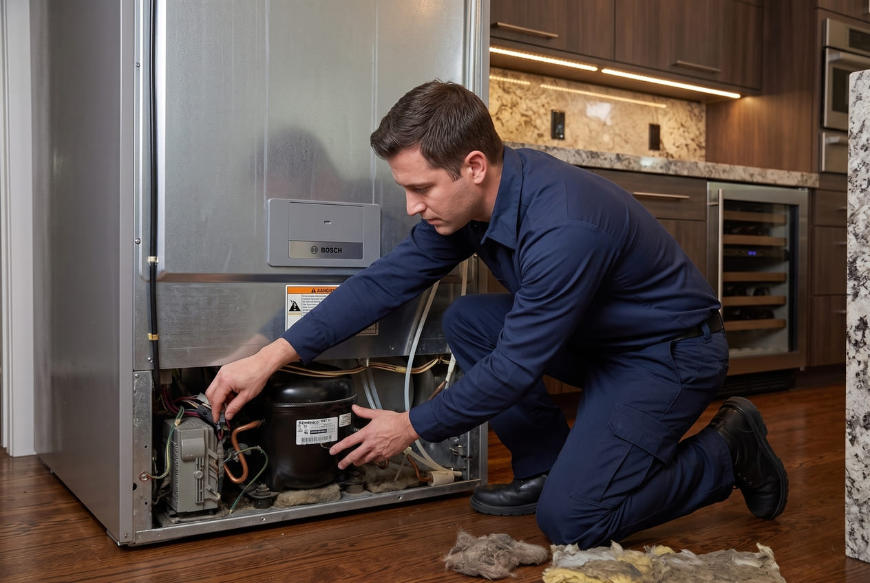 Professional Bosch refrigerator repair technician checking compressor failure in a home kitchen 