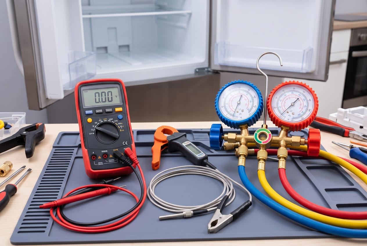 Professional refrigerator diagnostic tools including multimeter, pressure gauges and thermal probe 