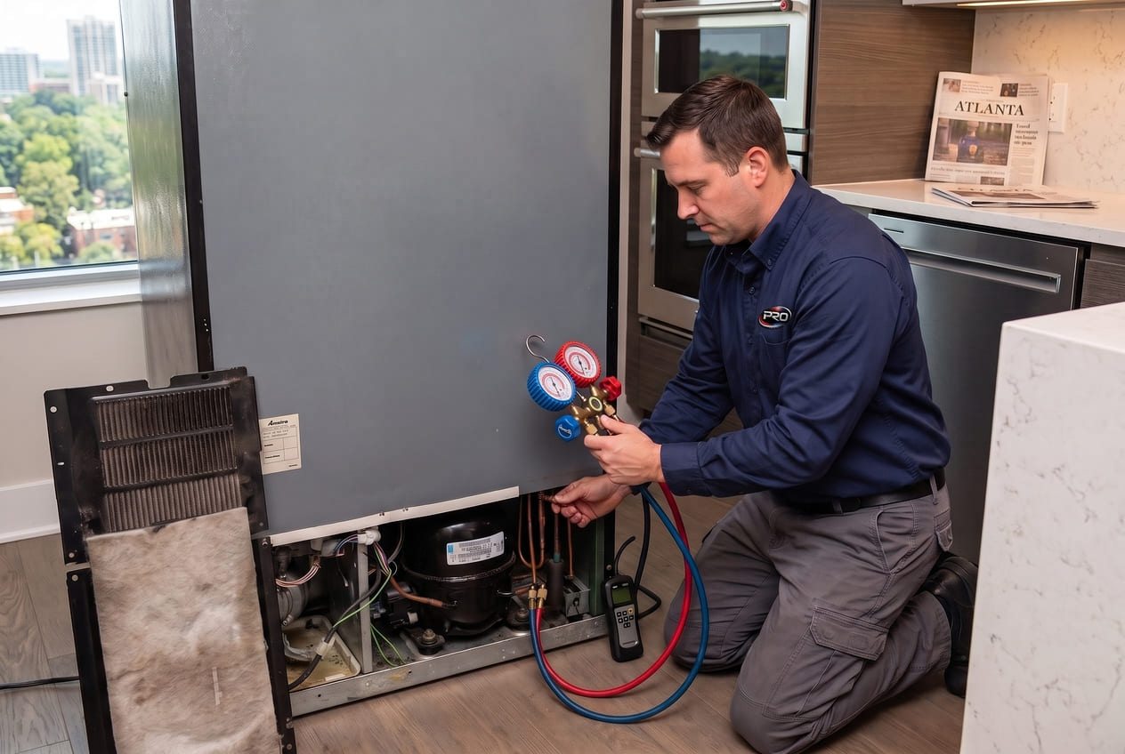 Technician connecting refrigerant pressure gauges to Amana sealed system for leak diagnosis Atlanta 