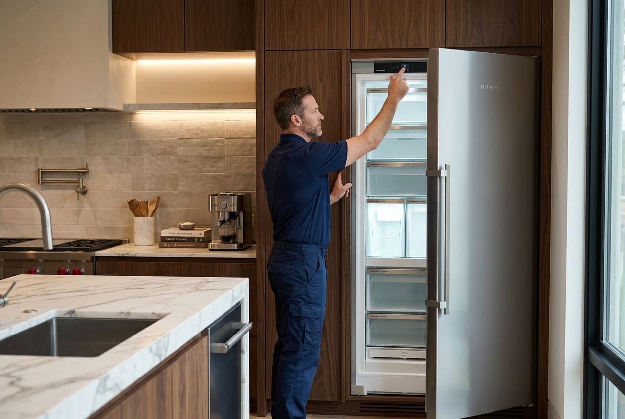 Technician diagnosing a Liebherr freezer F error in an Atlanta home 